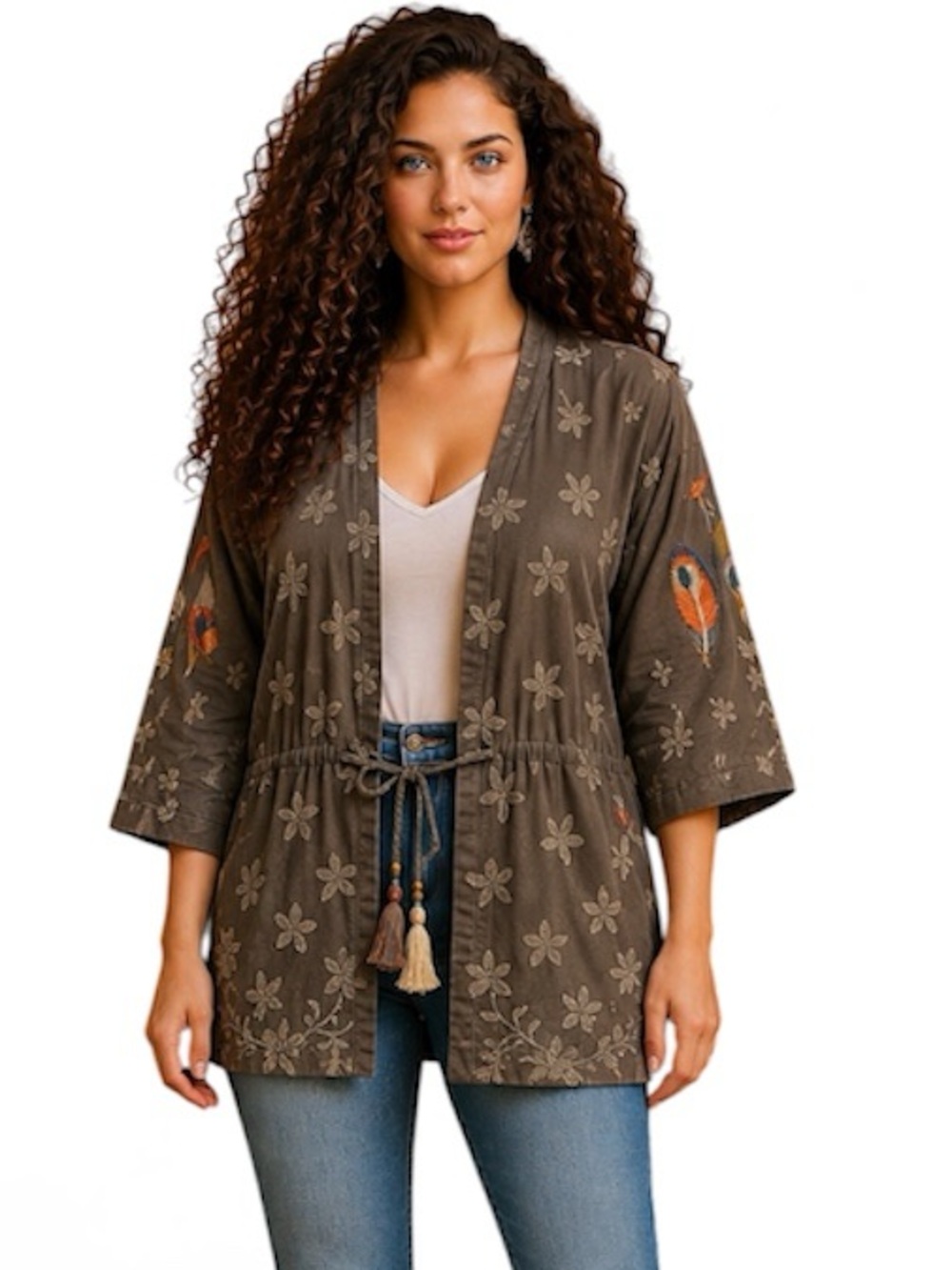 Johnny Was Feather Paloma Embroidered Kimono/Jacket Nwt Iron Steel Rare